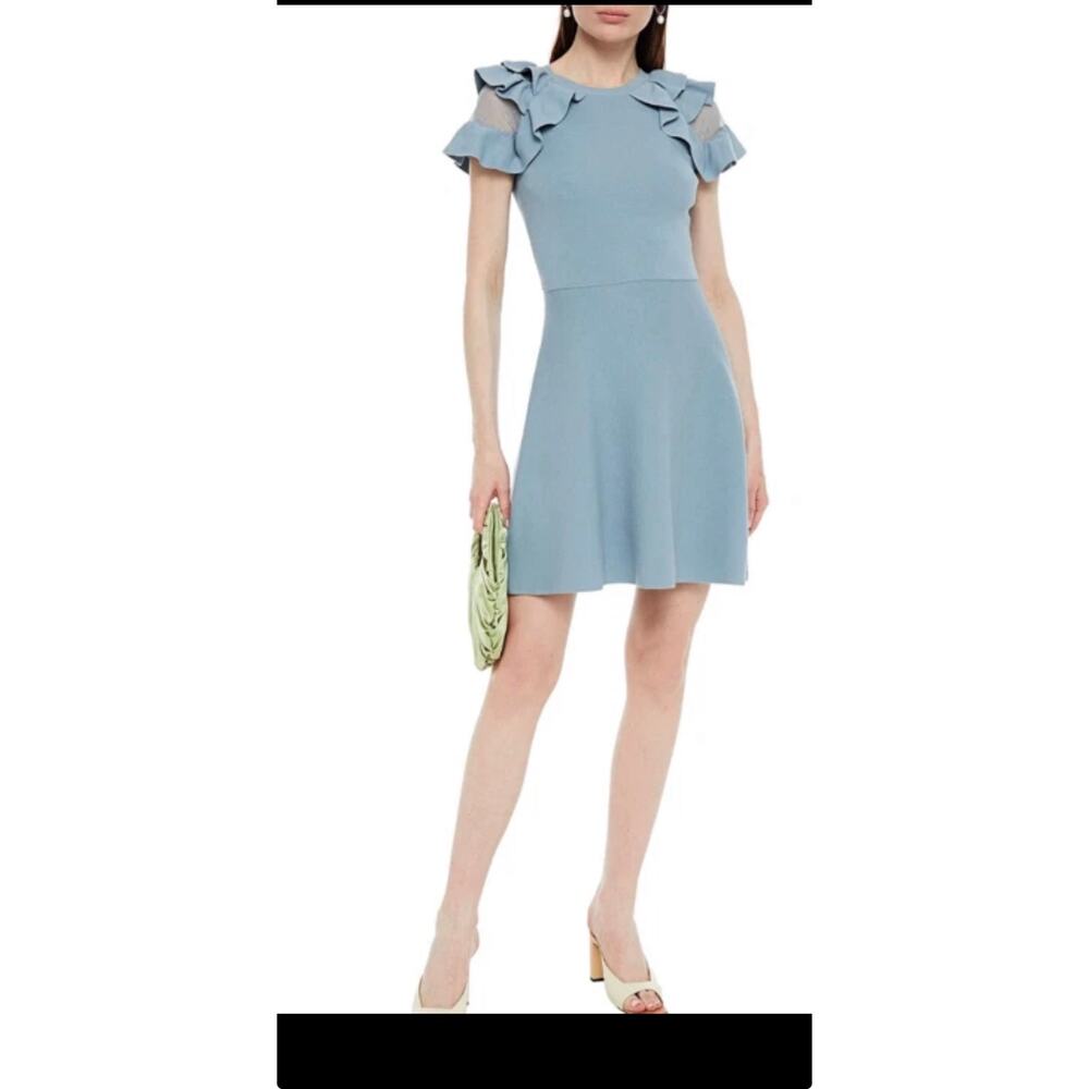 RED VALENTINO Blue Point D'esprit-trimmed Ruffle Stretch Knit Mini Dress size S - Picture 12 of 12